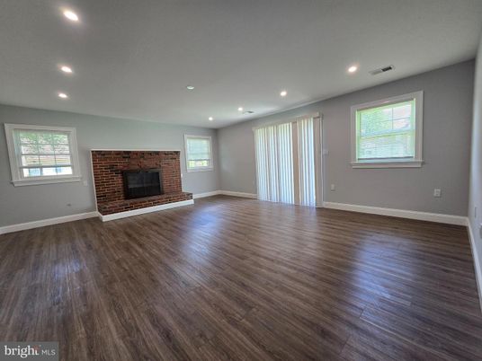 Empty room, Fireplace, Interior, Recessed Lighting, Wood Texture Flooring