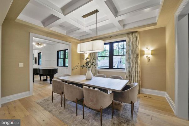 Dining room, Interior, Pendant Lights, Piano, Wood Texture Flooring