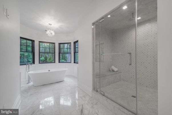 Bathroom, Chandelier, Free Standing Baths, Glass Shower, Interior, Marble, Recessed Lighting