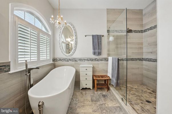 Bathroom, Chandelier, Free Standing Baths, Glass Shower, Interior, Pendant Lights