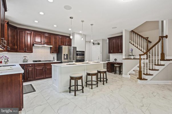 Interior, Kitchen, Marble, Pendant Lights, Recessed Lighting, Stainless Steel Appliances