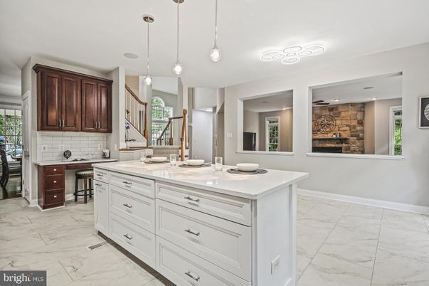 Interior, Kitchen, Marble, Pendant Lights, Recessed Lighting, Stone Walls