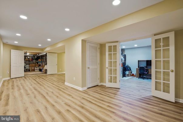 Empty room, Home Office, Interior, Recessed Lighting, Stone Walls, Wood Texture Flooring