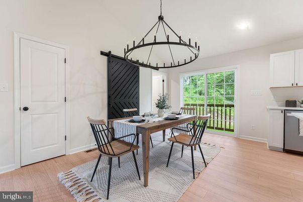 Chandelier, Dining room, Interior, Pendant Lights, Recessed Lighting, Wood Texture Flooring