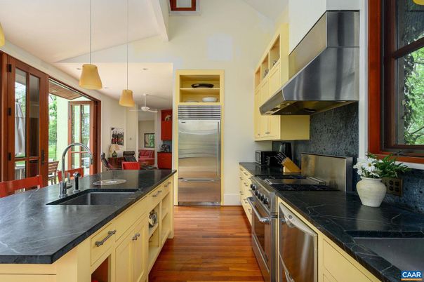Interior, Kitchen, Pendant Lights, Stainless Steel Appliances, Wood Texture Flooring