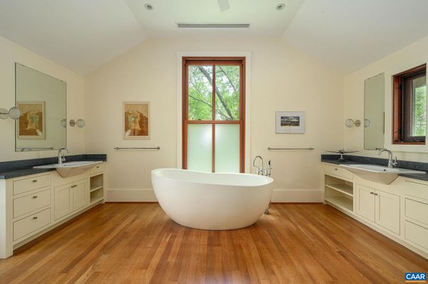 Bathroom, Dual Sink Vanities, Free Standing Baths, Interior, Recessed Lighting, Wood Texture Flooring