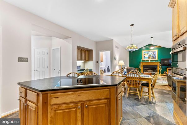 Dining room, Fireplace, Interior, Kitchen, Pendant Lights