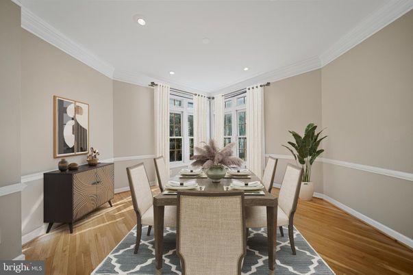 Dining room, Interior, Recessed Lighting, Wood Texture Flooring