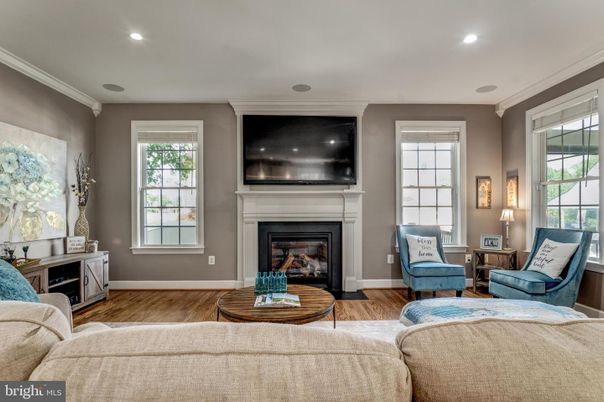 Fireplace, Interior, Living room, Recessed Lighting, Wood Texture Flooring