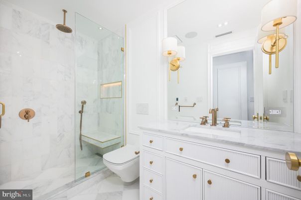 Bathroom, Glass Shower, Interior, Marble, Marble Walls, Recessed Lighting
