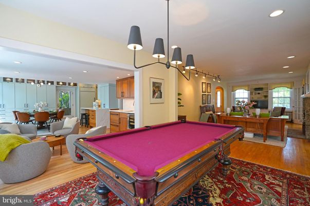 Billiard Table, Chandelier, Dining room, Game Room, Interior, Kitchen, Pendant Lights, Recessed Lighting, Wood Texture Flooring