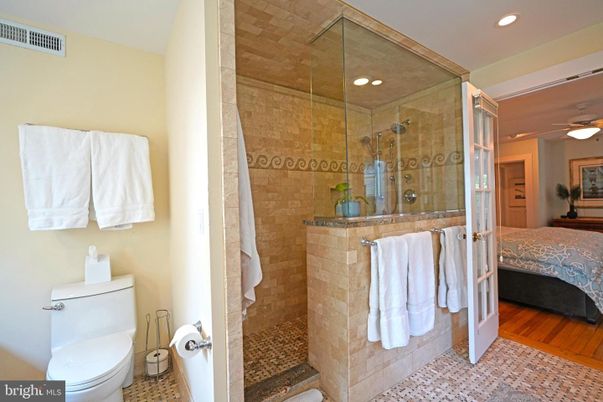 Bathroom, Bedroom, Glass Shower, Interior, Recessed Lighting, Wood Texture Flooring