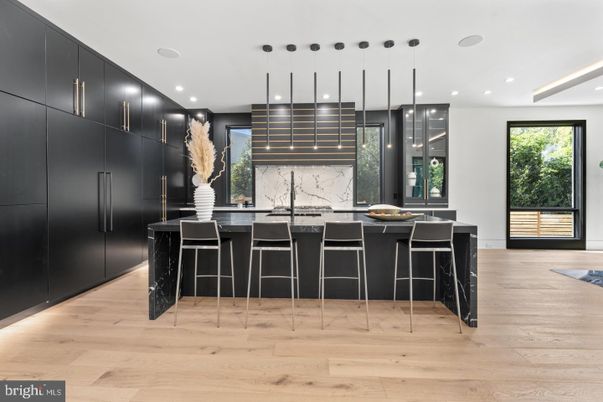 Interior, Kitchen, Marble Walls, Pendant Lights, Recessed Lighting, Wood Texture Flooring
