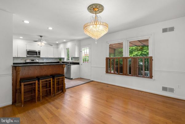 Chandelier, Interior, Kitchen, Recessed Lighting, Wood Texture Flooring