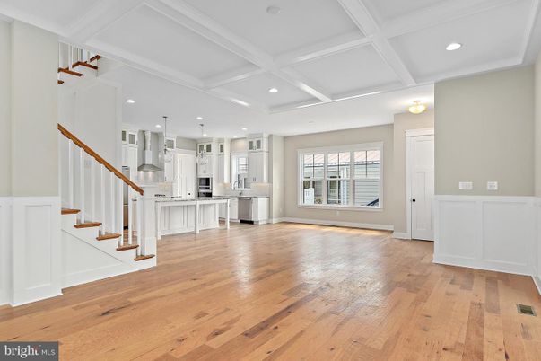Empty room, Interior, Kitchen, Pendant Lights, Recessed Lighting, Wood Texture Flooring