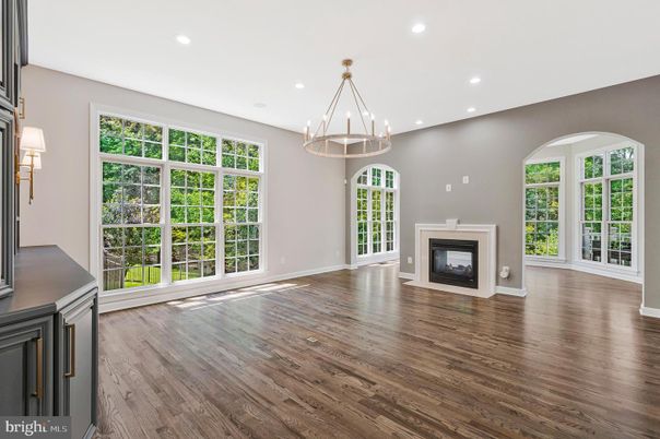 Empty room, Fireplace, Interior, Pendant Lights, Recessed Lighting, Wood Texture Flooring