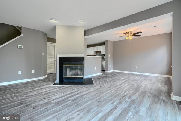 Empty room, Fireplace, Interior, Kitchen, Wood Texture Flooring