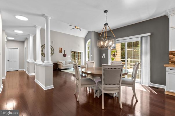 Dining room, Interior, Pendant Lights, Recessed Lighting, Wood Texture Flooring