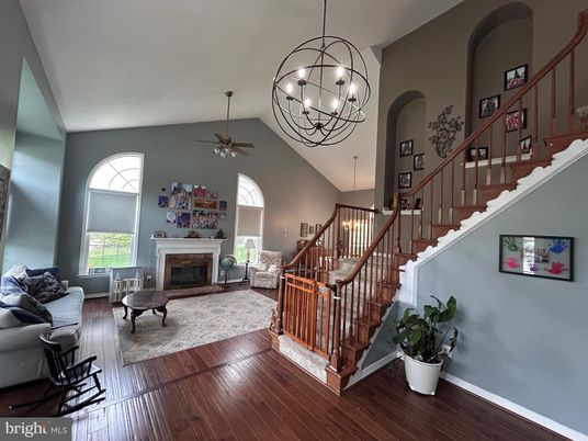 Chandelier, Fireplace, Interior, Living room, Pendant Lights, Wood Texture Flooring
