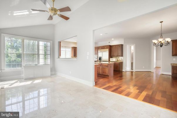 Chandelier, Empty room, Interior, Kitchen, Recessed Lighting, Wood Texture Flooring
