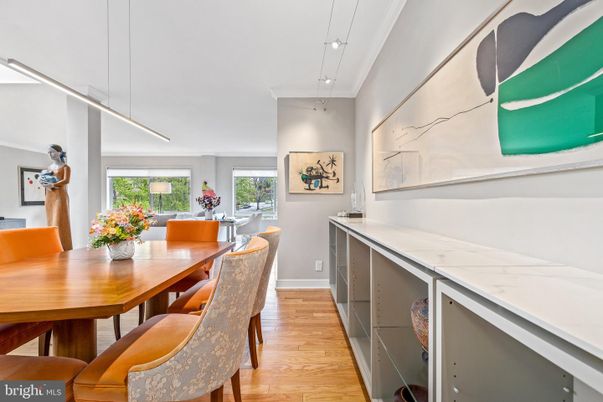 Dining room, Interior, Pendant Lights, Recessed Lighting, Wood Texture Flooring