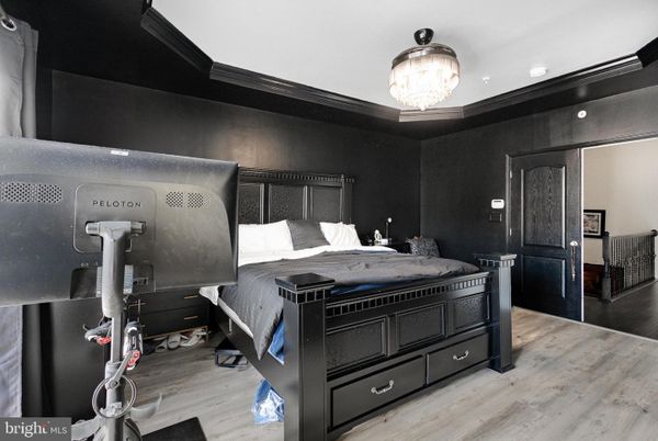 Bedroom, Chandelier, Interior, Recessed Lighting, Wood Texture Flooring