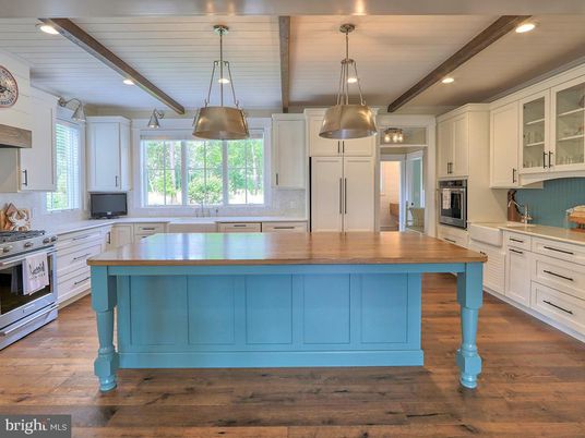 Interior, Kitchen, Pendant Lights, Recessed Lighting, Stainless Steel Appliances, Wooden Beams, Wood Texture Flooring