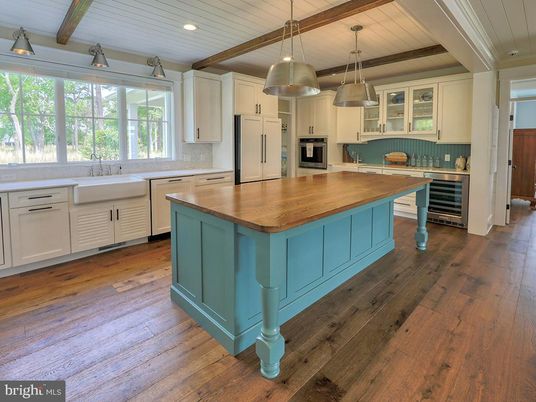 Interior, Kitchen, Pendant Lights, Recessed Lighting, Stainless Steel Appliances, Wooden Beams, Wood Texture Flooring