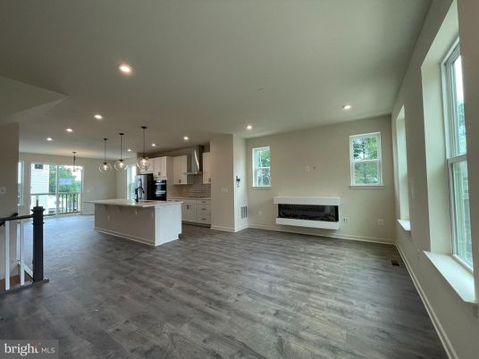 Fireplace, Interior, Kitchen, Pendant Lights, Recessed Lighting, Stainless Steel Appliances, Wood Texture Flooring