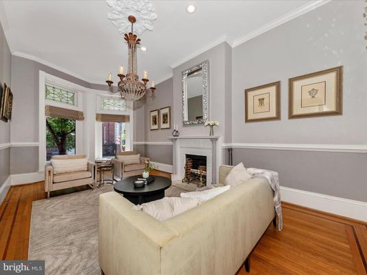 Chandelier, Fireplace, Interior, Living room, Recessed Lighting, Wood Texture Flooring