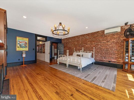 Bedroom, Chandelier, Interior, Recessed Lighting, Stone Walls, Wood Texture Flooring
