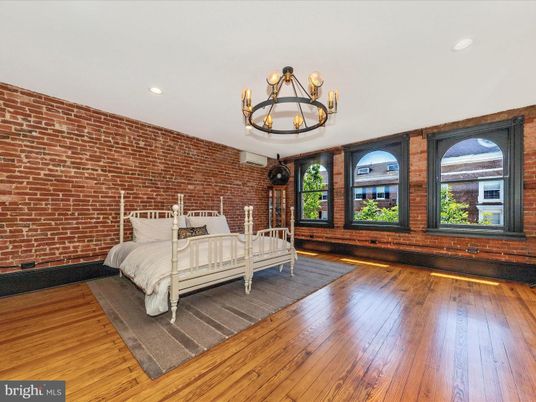Bedroom, Chandelier, Interior, Recessed Lighting, Stone Walls, Wood Texture Flooring