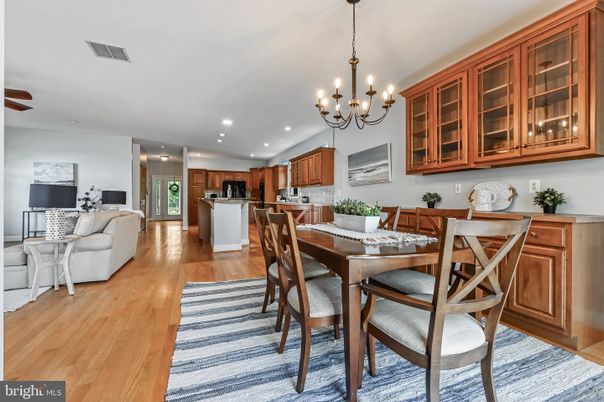 Chandelier, Dining room, Interior, Kitchen, Living room, Recessed Lighting, Wood Texture Flooring
