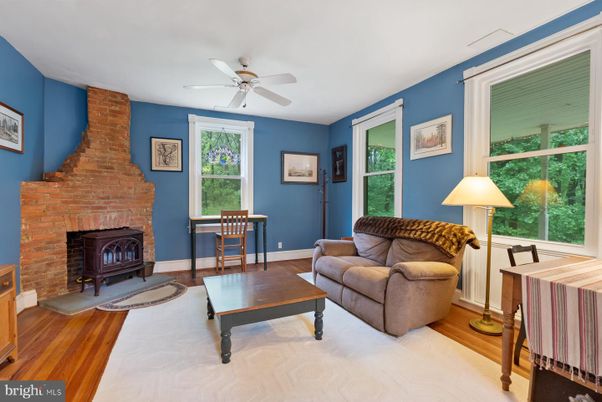 Fireplace, Home Office, Interior, Stone Walls, Wood Texture Flooring