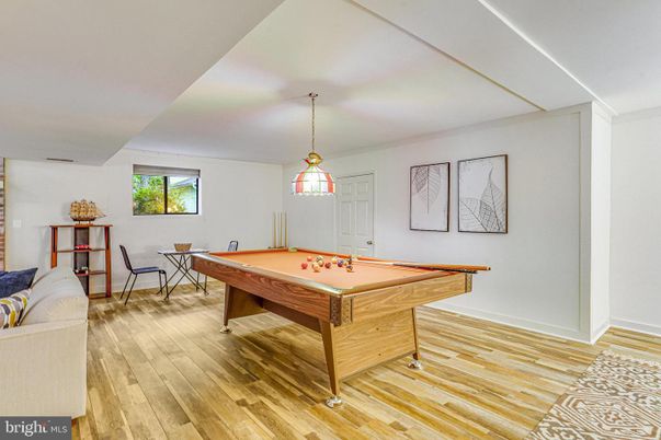 Billiard Table, Game Room, Interior, Pendant Lights, Wood Texture Flooring