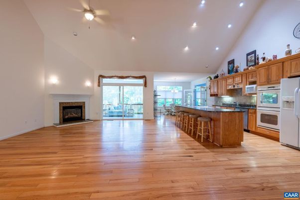 Fireplace, Interior, Kitchen, Recessed Lighting, Wood Texture Flooring
