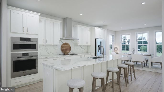Dining room, Interior, Kitchen, Marble Walls, Recessed Lighting, Stainless Steel Appliances, Wood Texture Flooring