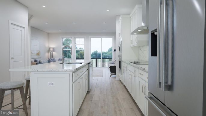 Interior, Kitchen, Marble Walls, Recessed Lighting, Stainless Steel Appliances, Wood Texture Flooring