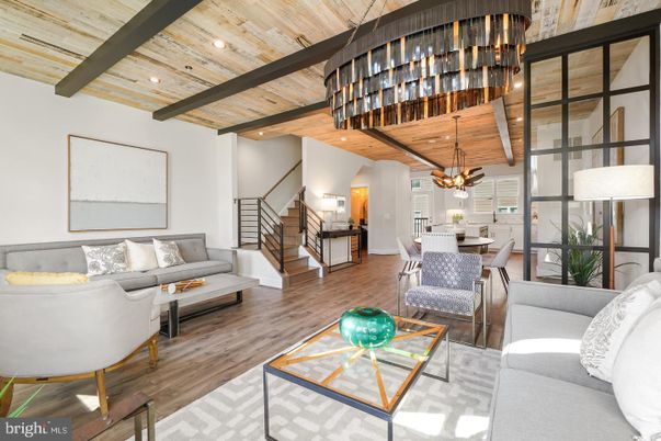 Dining room, Interior, Living room, Pendant Lights, Recessed Lighting, Wooden Beams, Wooden Ceilings, Wood Texture Flooring
