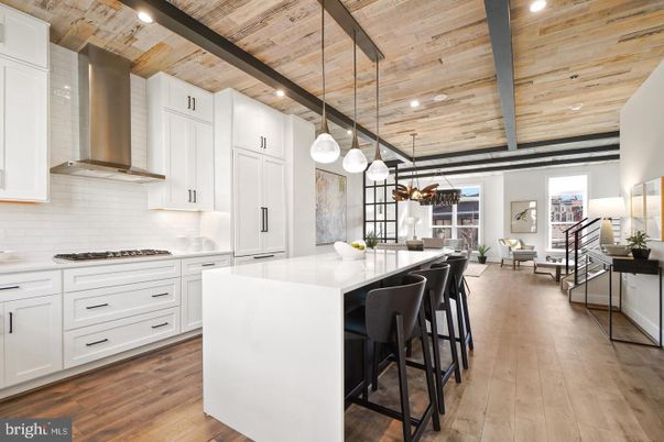Interior, Kitchen, Pendant Lights, Recessed Lighting, Stainless Steel Appliances, Wooden Beams, Wooden Ceilings, Wood Texture Flooring