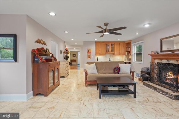Fireplace, Interior, Kitchen, Living room, Marble, Recessed Lighting