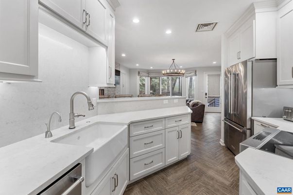 Chandelier, Interior, Kitchen, Pendant Lights, Recessed Lighting, Wood Texture Flooring