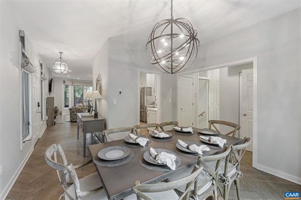 Chandelier, Dining room, Interior, Pendant Lights, Wood Texture Flooring