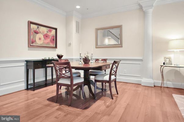 Dining room, Interior, Recessed Lighting, Wood Texture Flooring