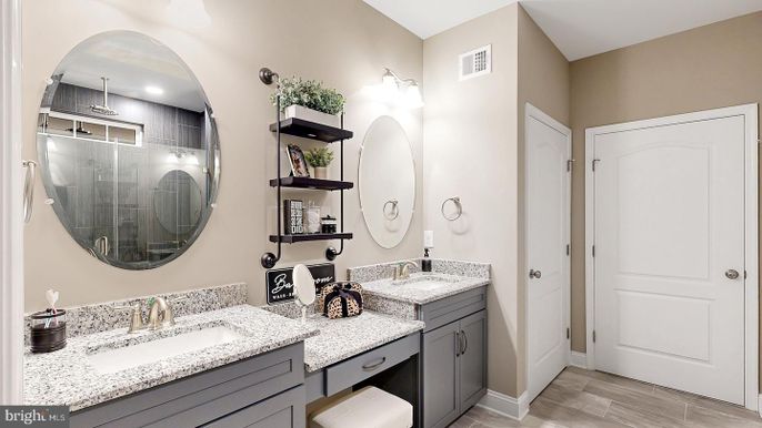 Bathroom, Dual Sink Vanities, Interior, Wood Texture Flooring