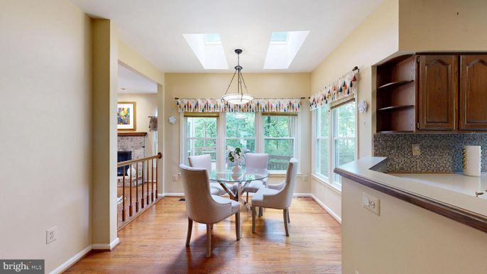 Dining room, Interior, Pendant Lights, Wood Texture Flooring