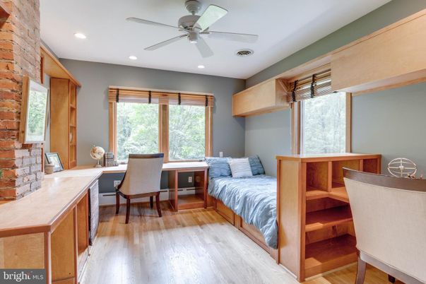 Bedroom, Home Office, Interior, Recessed Lighting, Stone Walls, Wood Texture Flooring