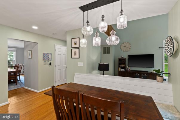Dining room, Interior, Pendant Lights, Recessed Lighting, Wood Texture Flooring