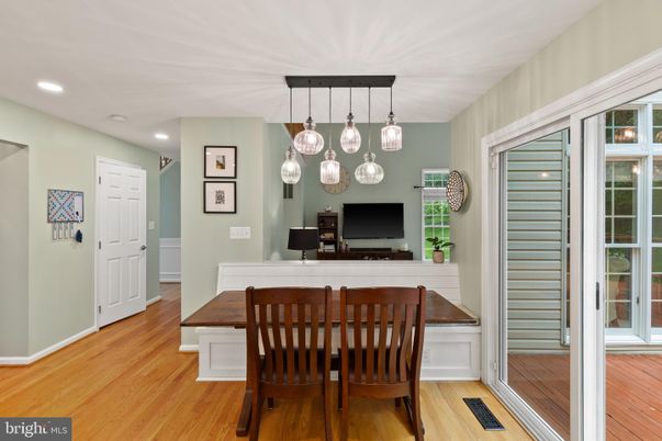 Dining room, Interior, Pendant Lights, Recessed Lighting, Wood Texture Flooring