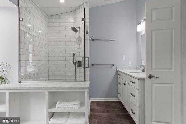 Bathroom, Glass Shower, Interior, Recessed Lighting, Wood Texture Flooring